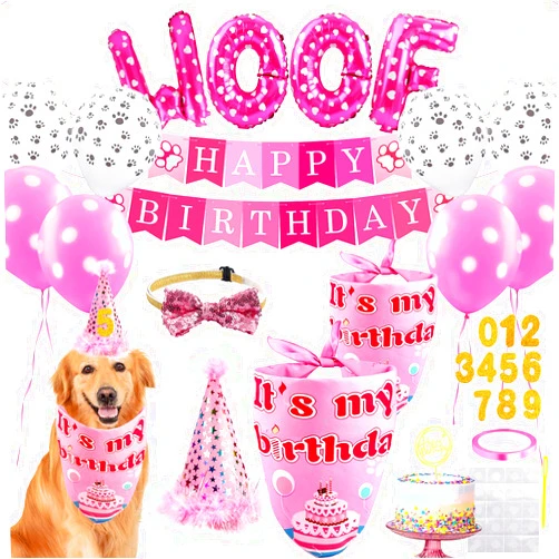 AROIC Dog Birthday Party Supplies - Dog Girl Birthday Bandanas Set with Dog Birthday Hat, Scarf, Birthday Banner, Balloons and Bowtie. Puppy Dog Pals Birthday Party Decorations.