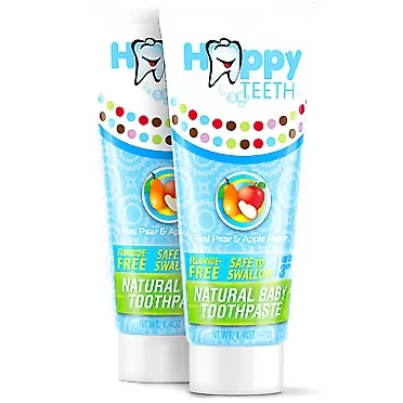 Happy Teeth Natural Baby and Toddler Toothpaste, Fluoride Free and Sulfate Free, Natural Pear Apple Flavor, No Preservatives, Safe to Swallow, Clean Baby Toothpaste for Ages 3 and Under, 2 Pack