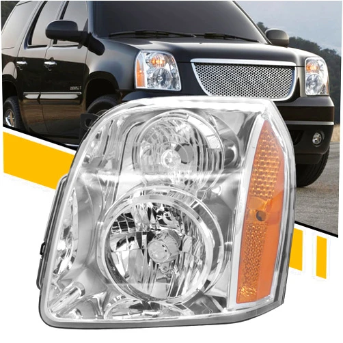 CLERYYE Headlight Assembly Compatible with GMC Yukon/Yukon XL 1500 2500 2007-2014, Factory-OE-Style Head Lamp Replacement OE#15861026 20969895, Chrome Housing+Amber Side, Left Driver Side