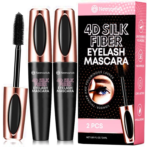 Neenoxtub 4D Silk Fiber Lash Mascara, Lengthening and Thick, Long Lasting, Waterproof & Smudge-Proof, Hypoallergenic Formula 2 Pack Black