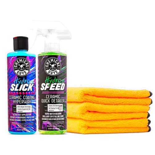 Chemical Guys, Ceramic Bundle With HydroSlick Intense Gloss Sio2 Ceramic Coating Hyperwax + HydroSpeed Ceramic Quick Detailer, 2-16 Fl Oz Chemicals + Microfiber Towels, (3-Pack of Gold 16