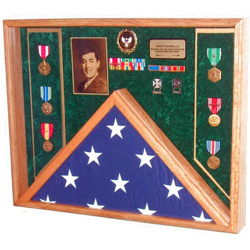 All American Gifts Military Veteran Soldier Flag & Medal Display Case Shadow Box for 5x9.5 Funeral Burial Flag (Army Emblem / Green Velvet)