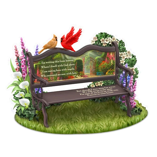 The Hamilton Collection Until We Meet Again Remembrance Sculpture Featuring A Park Bench with Artwork by Artist Thomas Kinkade & Adorned with Sculpted Flowers & Cardinals