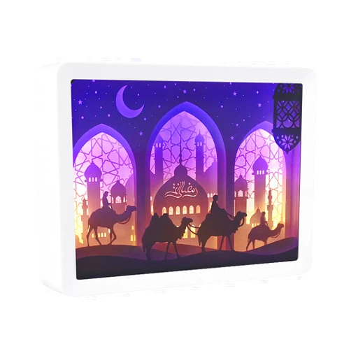 RSLIPIN Eid Gift 3D Papercut Light Box Paper Carving Night Light 3D Shadow Box Frame Night Light Desk Lamp Paper Carving Lamp Home Decor (White)