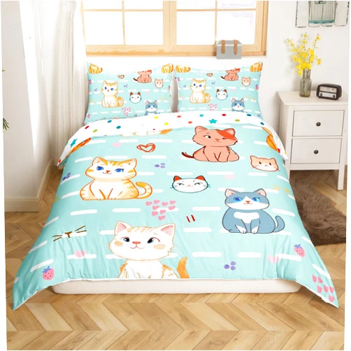 Erosebridal Kids Cute Cat Comforter Cover,Cartoon Pet Cats Toddler Bedding Set for Children Boys Girls,Kawaii Kitten Print Duvet Cover Set,Cat Lover's Animal Themed Design Quilt Set Bedroom Collection 3Pcs Full