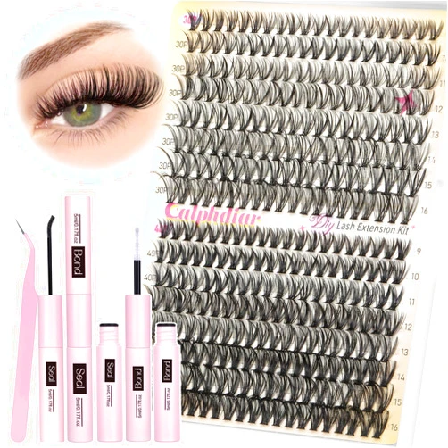 Calphdiar Eyelash Extension Kit 320PCS Lashes Clusters 30D+40D Lash Extension Kit 9-16mm Wispy Cluster Eyelash Extensions Kit with Lash Bond and Seal Tweezers Natural Lash Clusters Kit for Beginners
