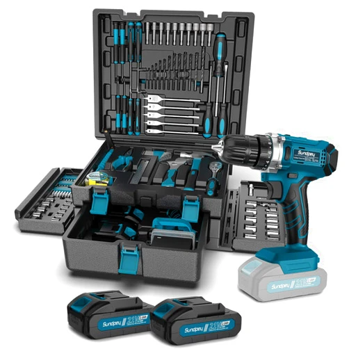 Sundpey Tool Kit with 21V Cordless Drill - Sundpey 255-PCs Portable Complete General Basic Home and Auto Repair Tool Set with Drawer for Handyman & Diyer & Homeowner - Power Drill with 2 x 2.0Ah Batteries