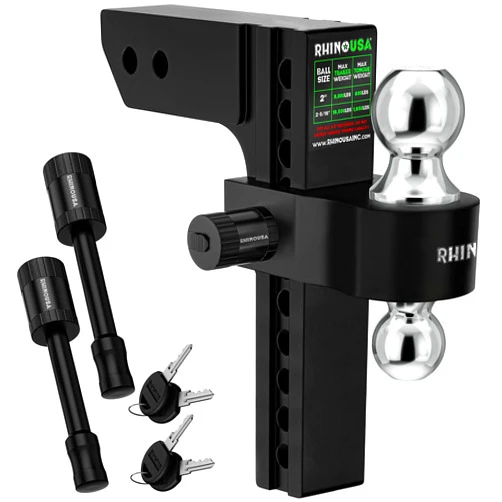 Rhino USA Adjustable Trailer Hitch (Fits 2-Inch Receiver)-Heavy Duty Aluminum Tow Hitches with 10-Inch Drop/Rise for Truck (12,500 LBS GTW) - Weatherproof Double Anti-Theft Locking Hitch Pins (Black)