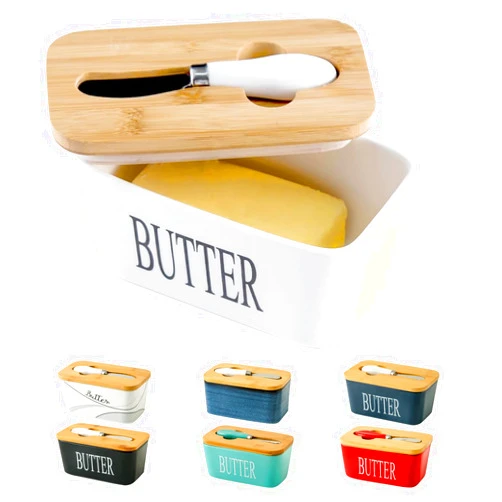 Hasense Butter Dish with Lid for Countertop -Ceramic Covered Butter Holder with Knife for Refrigerator, Airtight Butter Keeper Container Storage with Silicone Sealing for East West Coast Butter, White