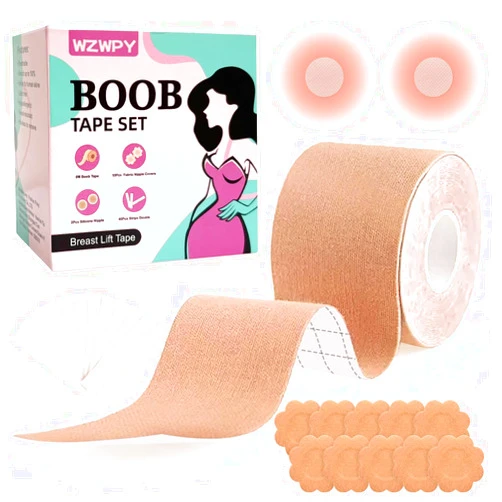 WZWPY Boob Tape Kit for Women - 8M (26.3ft) Waterproof & Sweatproof Breast Lift Tape + 2 Reusable Silicone Nipple Covers - Ultimate Support for Strapless Dresses Beige