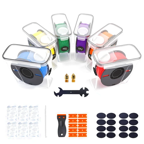 Jubarshim 6 Pack 4L Filament Storage Box Hygrometer Airtight Dry Box for 3D Printer Filament Sealing, Complete Kit: 11 Pcs Spatula/Blades, 2 MK8 Nozzles, Wrench, Pen, Stickers & Reusable Desiccant