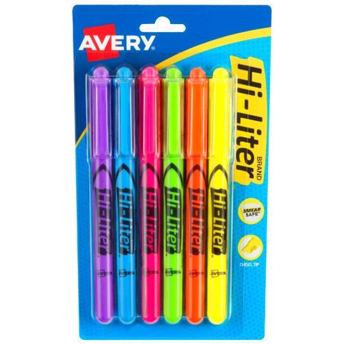 AVERY Hi-Liter Pen-Style Highlighters, Smear Safe Ink, Chisel Tip, 6 Assorted Color Highlighters (23585)