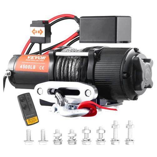 VEVOR Electric Winch, 12V 4500 lb Load Capacity Nylon Rope Winch, IP55 1/4” x 39ft ATV UTV Winch with Wireless Handheld Remote & Hawse Fairlead for Towing Jeep Off-Road SUV Truck Car Trailer Boat