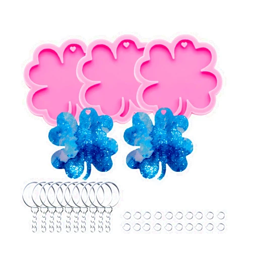 AMZTOART Silicone Mold with Hole Four-Leaf Clover Epoxy Casting Resin Mold for Keychain Pendant DIY Jewelry Crafts Making with 10Pc Key Ring (DY0255+DY0255+DY0255+PJ)
