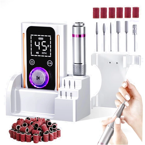 Puriom Nail Drill, Portable Electric Nail File 45000RPM, Cordless Nail Drill Professional with Bits&Base, for Acrylic Gel Nails, E-File Machine, Manicure Polishing, for Salon Home, White