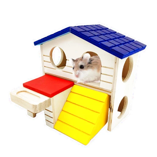 Hamiledyi Pet Small Animal Hideout Hamster House Deluxe Two Layers Wooden Hut Play Toys Chews