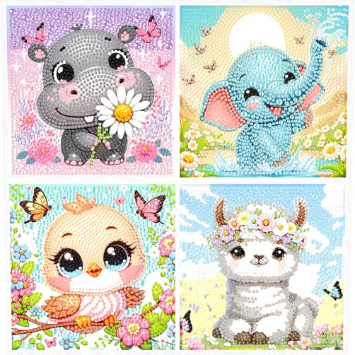 Canrichshop 4 Pack Cartoon 5D Diamond Art Kits for Kids,Cute Animals DIY Painting Art Kit for Kids Ages 4-8-12 Mosaic Kits,Diamond Art Painting Craft Kits,Gem Art Full Drill Diamond Dots for Children Gifts 6x6In