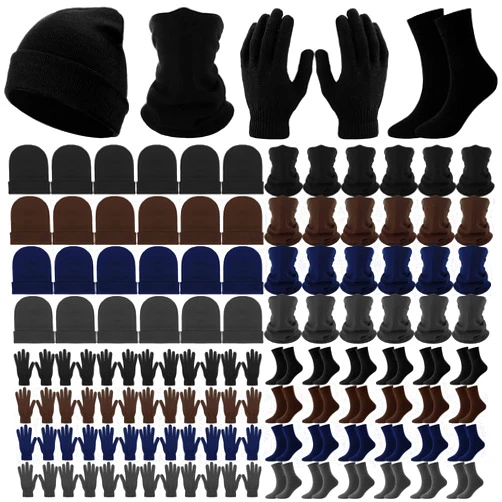 Xtinmee Bulk Winter Knit Beanie Hats Gloves Neck Warmers Socks Set for Unisex Men Women Donation Homeless Charity