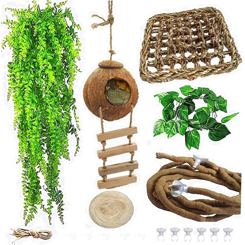MUYG 6PCS Crested Gecko Coconut Hut, Lizard Coco Den with Ladder and Reptile Hammock Bearded Dragon Tank Accessories Climbing Hanging Plants Jungle Vine Flexible Reptile Leaves Decor
