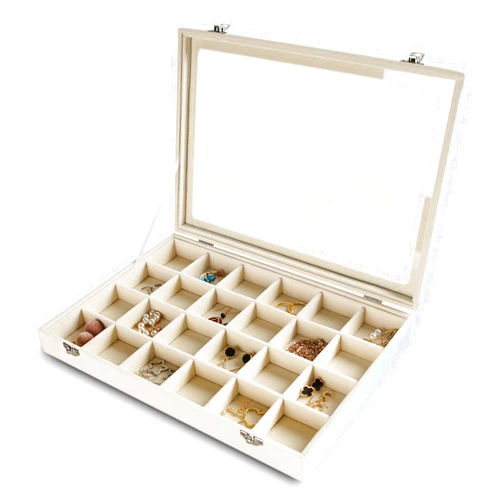 Frebeauty Jewelry Organizer Tray with Clear Lid 24 Grid Velvet Drawer Insert Jewelry Storage box with Transparent Glass lid Jewelry Display Case with Lock Gifts for Girls Women (Beige, 24 Grid)