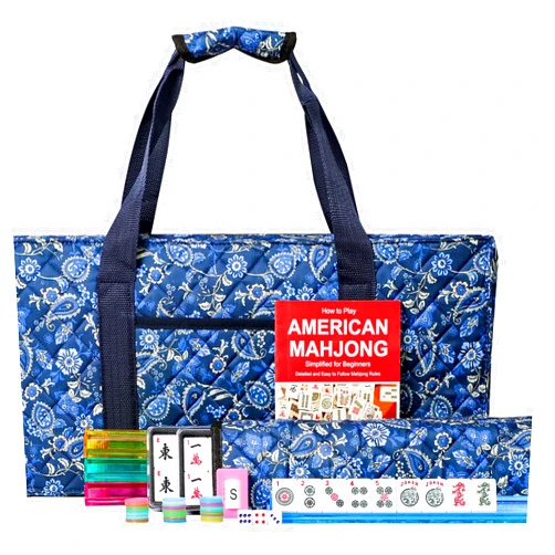 Jongyance American Mahjong Set with Blue Carrying Bag, 166 White Tiles, 4 All-in-One Rack/Pushers, Mahjong Tiles Set (Ma Jong, Mah Jongg, Majiang)