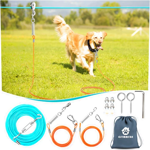 CJYMMFAN Professional Dog Runner Trolley System，Heavy Duty 100ft Dog Zip Line with 10ft & 15ft Tie Out for Large Dogs Up to 250lbs, Outdoor Dog Run Cable Leash for Backyard, Camping, Park and Outside Adventure