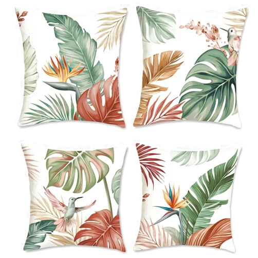Bonhause Tropical Leaves Throw Pillow Covers 18 x 18 Inch Watercolor Leaf Bird Polyester Linen Decorative Pillow Cases for Couch Sofa Bed Home Garden Outdoor Decor Set of 4