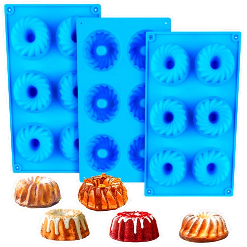 CLUEWR 3 PCS Mini Cake Pans, 6-Cavity Round Fluted Tube Cake Pan, Non-stick Silicone Baking Mold for Cupcakes, Muffins, Donuts, Brownies, Chocolate, Cheesecake, Jello