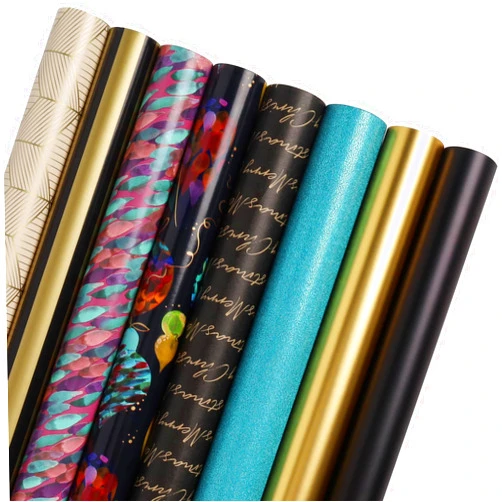 LaRibbons Christmas Wrapping Paper Rolls with Cutlines, 30Inch × 10Feet, 8 Rolls: 200 sq.ft.ttl, Matte Gold Black and Stripes Jewel Gift Wrapping Paper Bundle for Christmas, Holiday, Party