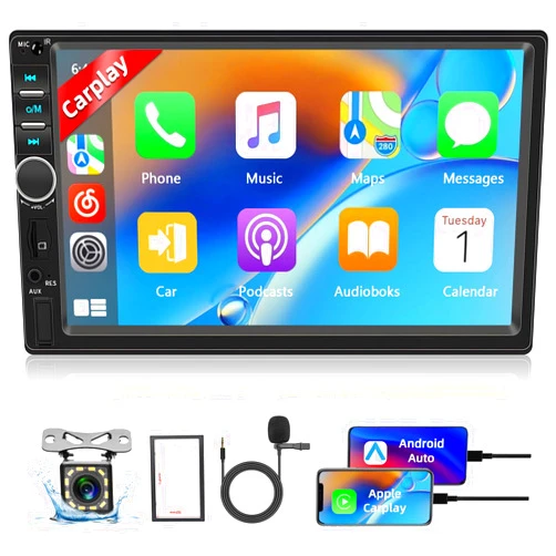 Podofo Double Din Car Stereo with Apple Carplay Android Auto,7 Inch Touchscreen Car Radio with Bluetooth5.1,Voice Control,MirrorLink,FM Radio,GPS,WiFi,USB/TF/AUX Port+MIC+AHD Backup Camera