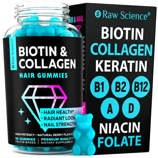 S RAW SCIENCE Biotin Collagen Gummies – Hair Skin and Nails Vitamins for Women & Men – Hair Growth Vitamins: B1, B2, B3, B5, B7, B9, B12, Collagen, Keratin, Vitamin A & D – Hair Growth Supplement – 60 Gummy Bears