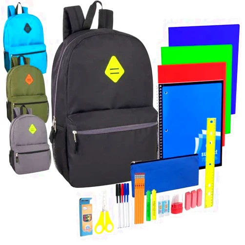 Trail maker Wholesale 19 Inch Backpacks With Water Bottle Holder & 30 Piece School Supplies Kits in Bulk 12 Pack Bundles