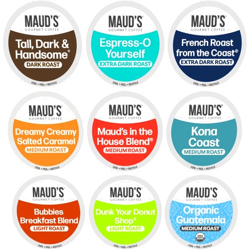Maud's Original Coffee Pods Variety Pack, 80 ct, 9 Assorted Roasts, Dark & Medium Roast Coffee in Recyclable Single Serve Pods – 100% Arabica Coffee, Compatible with Keurig K Cups Maker
