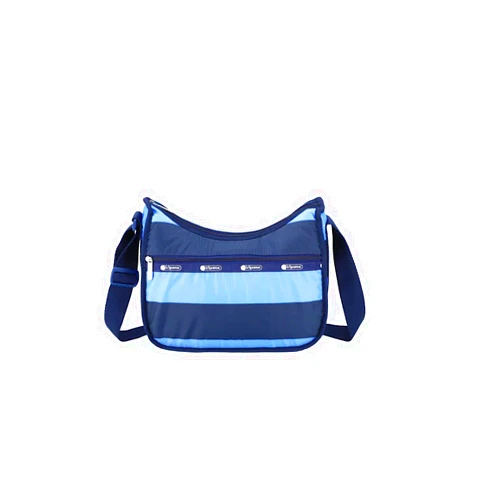 LeSportsac Classic Rugby Periwinkle Classic Hobo Crossbody Bag + Cosmetic Bag, Style 7520/Color E758, Timeless Navy Blue & Modern Periwinkle Stripes Unite, Bold Modern Nautical Inspired Theme