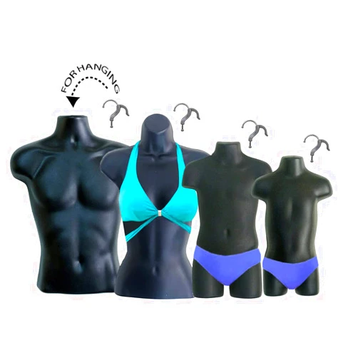 DisplayTown Black 4 Mannequin Forms - Male Female Child & Toddler Torso Hanging Mannequin Set Hollow Back Plastic Body Forms, S-M Sizes