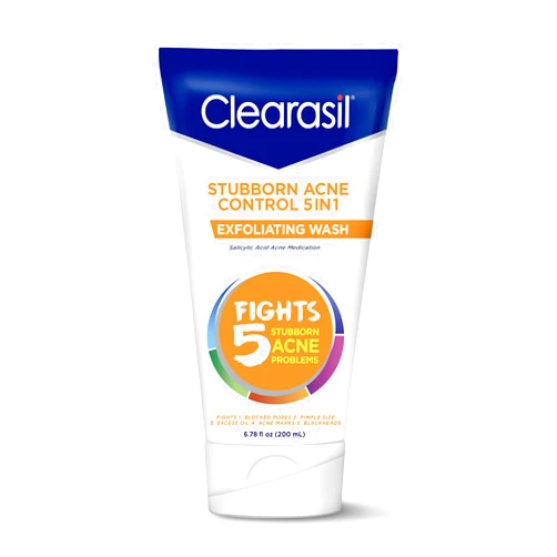 Clearasil Stubborn Acne Control 5in1 Exfoliating Wash, Maximum Strenght with 2% Salicylic Acid Acne Treatment Medicine, Daily Acne Facial Cleanser 6.78 fl oz