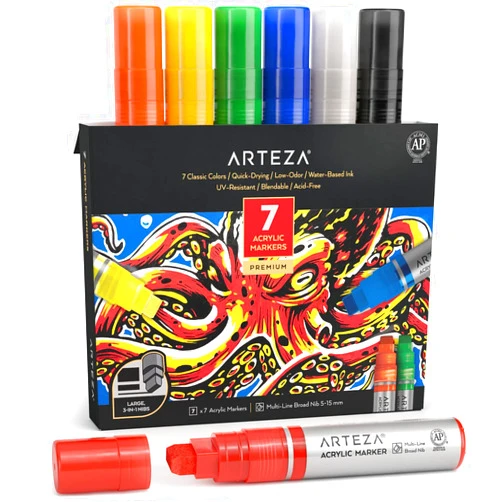 Arteza Acrylic Paint Markers, 7 Acrylic Paint Pens in Classic Colors, 3-in-1 Multi-Line Nibs, 5–15 mm Line, UV-Resistant, Art & Craft Supplies, Use on Canvases for Painting, Glass, Plastic, Rock