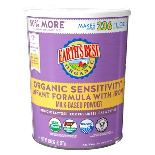 Earth's Best Organic Sensitive Baby Formula for Babies 0-12 Months, Reduced Lactose Powdered Infant Formula with Iron, Omega-3 DHA, and Omega-6 ARA, 32 oz Formula Container