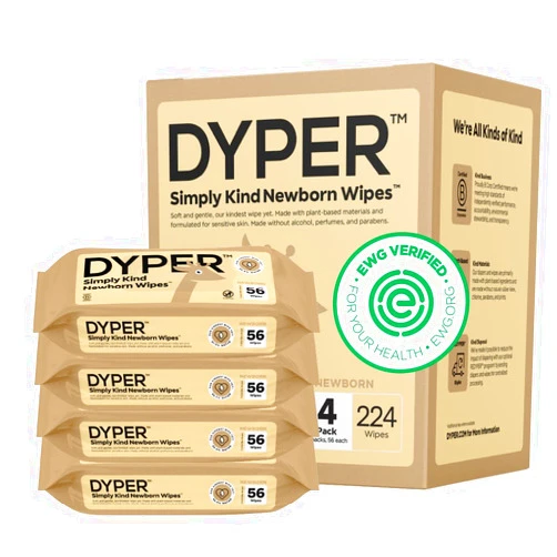 DYPER Plastic-Free Newborn Baby Wipes | 99.9% Water Baby Wipes | 100% Plant-Based | Unscented, Soft, & Hypoallergenic for Sensitive Newborn Skin | EWG Verified | Honest Ingredients | 4 Pack, 224 Wipes