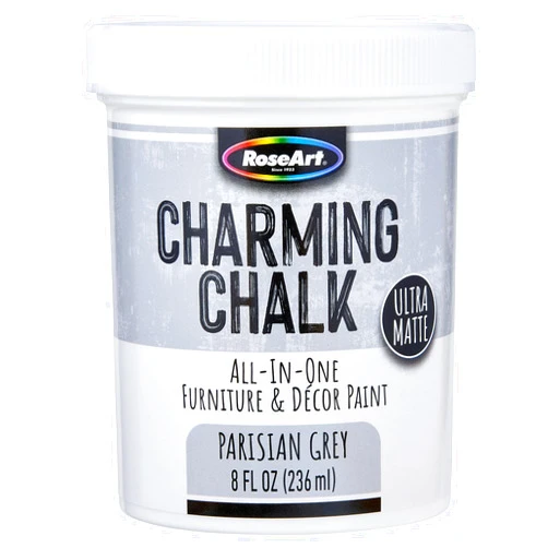RoseArt Charming Chalk All-In-One Furniture & Décor Paint - 8oz Parisian Grey, Ultra Matte Chalk Finish Paint, Ideal For All Techniques Including Distressing, No Prep Needed, Made In USA