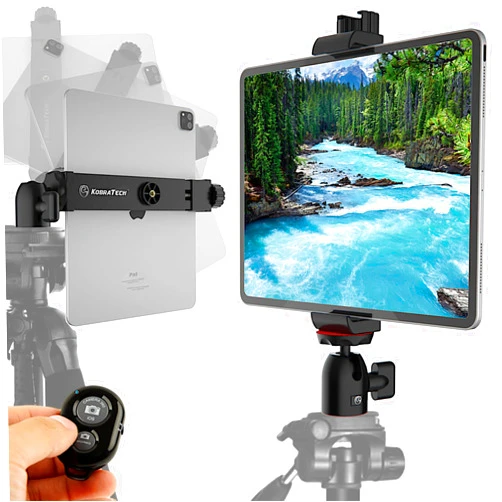KobraTech iPad Tripod Mount Holder, Fits iPad Pro 12.9, Air, Mini, Tab and More | Includes Swivel Ball Head and Bluetooth Remote TabMount 360 iPad Holder for Tripod