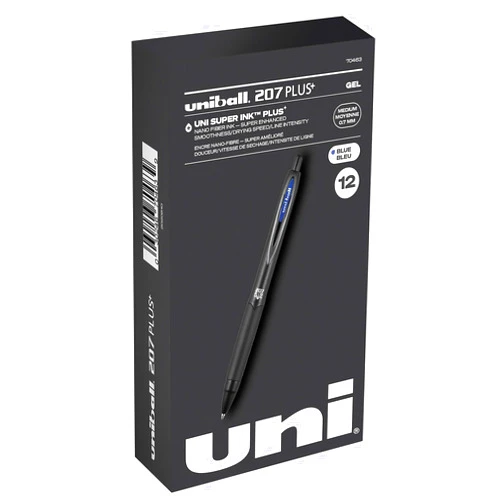 Uni-Ball uniball 207 Plus+ Retractable Gel Pens 12 Pack in Blue with 0.7mm Medium Point Pen Tips - Uni-Super Ink+ is Smooth, Vibrant, and Protects Against Water, Fading, and Fraud