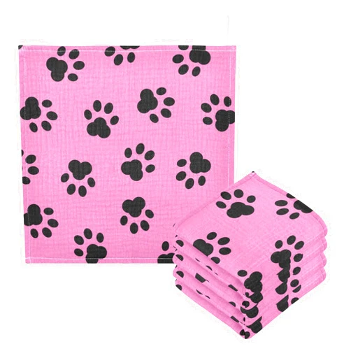 YETTASBIN Puppy Paw Muslin Baby Hand Washcloths, Soft Cotton Bath Face Towel, 4 Layers Extra Absorbent Feeding Burp Cloth for Newborn Infant, 5 Pack