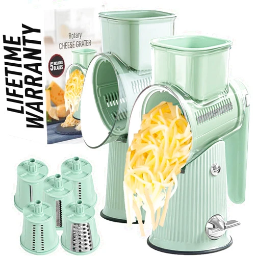 Generic Lndmark 5 in 1 Rotary Cheese Grater Vegetable Slicer - Manual Hand Crank Cheese Grater With Reinforced Suction & 8 Interchangeable Drums - Easy to Use, Vegetable Chopper Round Mandoline Slicer (2Pc)