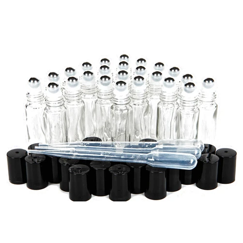 Vivaplex, 24, Clear, 10 ml Glass Roll-on Bottles with Stainless Steel Roller Balls. 3-3 ml Droppers included