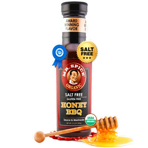 Mr. Spice Organic Honey BBQ Sauce, Salt Free BBQ Sauce (5mg/serving), Gluten Free, Low Sodium Barbecue Sauces for Marinade, Grill & Air Fryer, No Salt Award-Winning Flavor, 13.5 Ounce (Pack of 1)