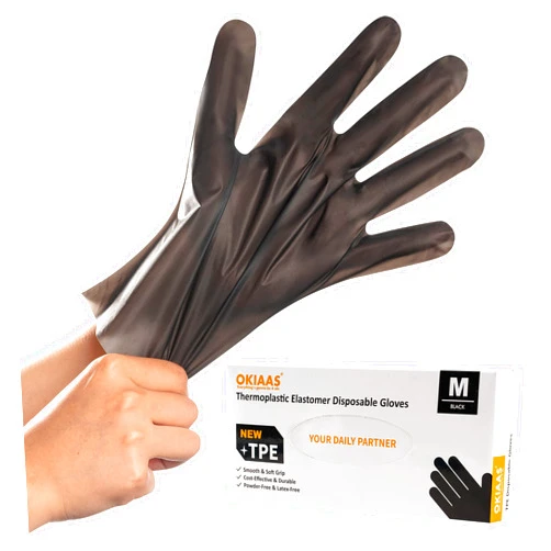 OKIAAS Black TPE Disposable Gloves, Latex & Powder Free, Plastic Gloves for Cooking, Food Handling, Hair Dye, 100 Count