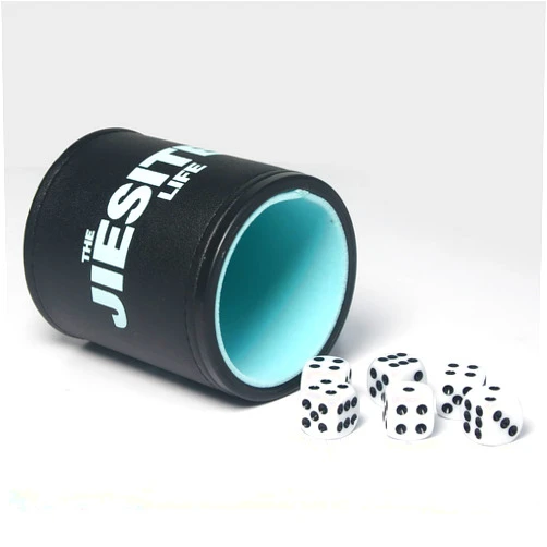 JIESITE Leather Dice Cup Felt Lined Quiet Dice Cup Set with 6 Acrylic Dices Multi Color for Yahtzee Game Farkle Liars Dice (Blue)