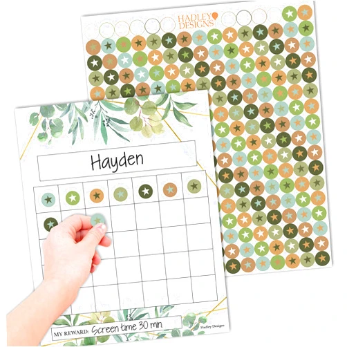 Hadley Designs 25 Greenery Reward Sticker Chart for Kids Behavior Chart for Classroom - Classroom Incentive Chart for Classroom Reward Chart for Kids Behavior, Star Chart for Kids Behavior Chart for Kids Classroom