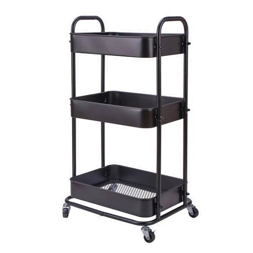 YOHKOH 3-Tier Metal Rolling Utility Cart, Storage Trolley Cart with Mesh Baskets and Lockable Wheels for Bathroom Kitchen Office (Dark Black)